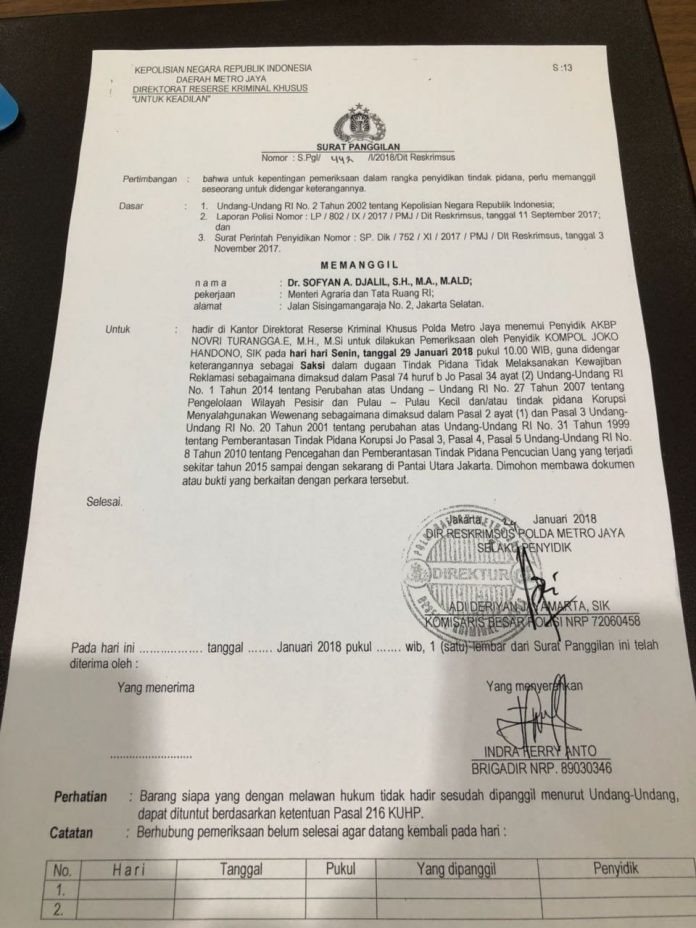 Beredar Surat Pemeriksaan Sofyan Djalil Terkait Reklamasi