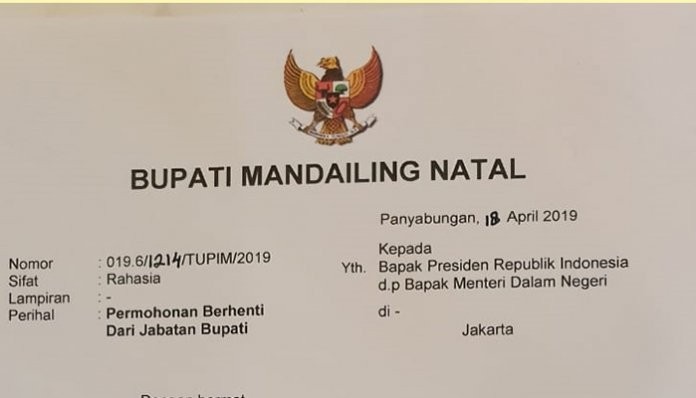 Diduga Gagal Menangkan Paslon 01, Bupati Mandailing Natal Mengundurkan Diri