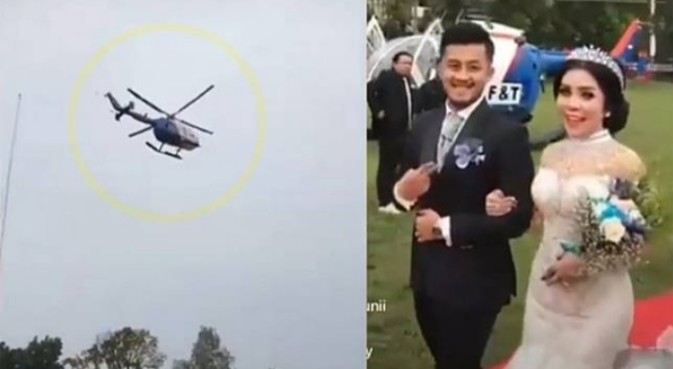 Viral Sepasang Pengantin Gunakan Heli Kapolda