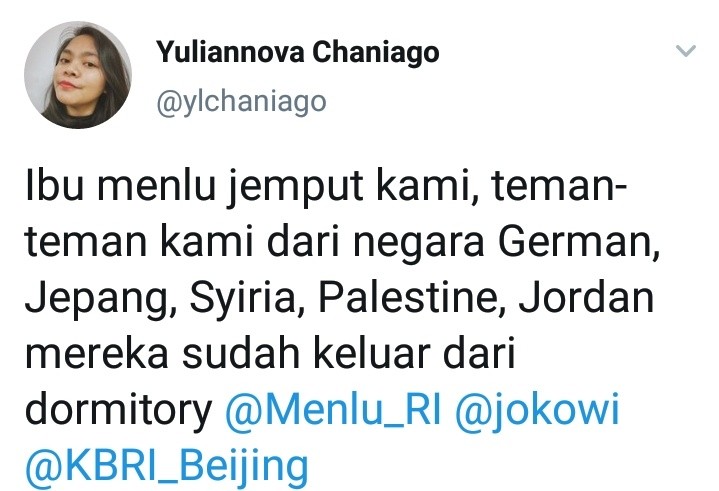 Pelajar Indonesia di Wuhan : Ibu Menlu Jemput Kami