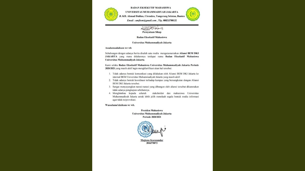 Presiden BEM UMJ Jakarta Bantah Pernyataan Aliansi BEM Jakarta