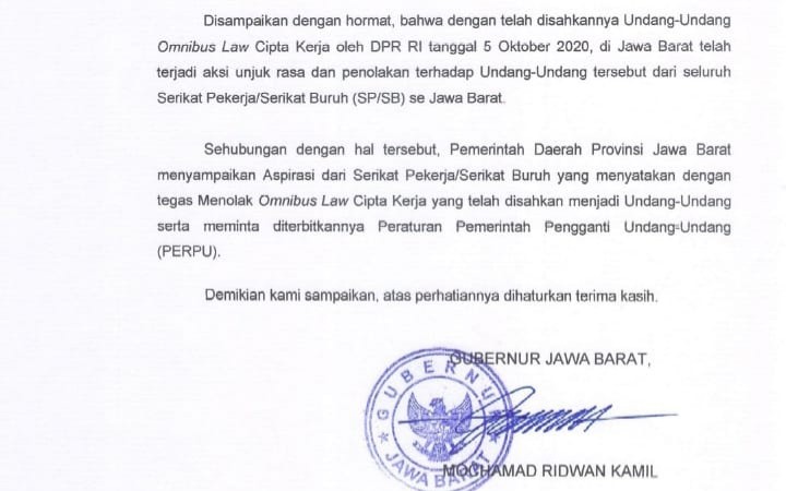Suarakan Aspirasi Buruh, Ridwan Kamil Minta Jokowi Keluarkan PERPU