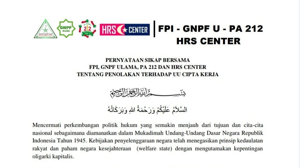 PA 212 Cs Tuntut Jokowi Mundur dan Parpol Pendukung Omnibus Law Bubarkan Diri