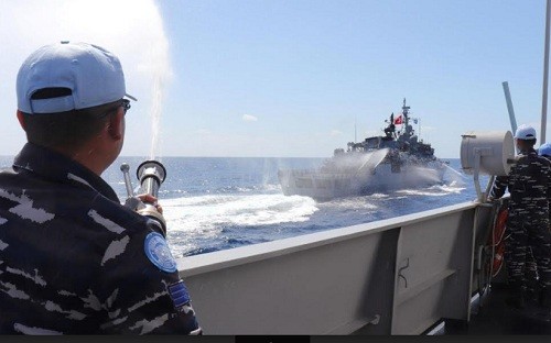 KRI Sultan Hasanuddin 366 Latihan Manuver Taktis Bersama Empat Kapal MTF UNIFIL