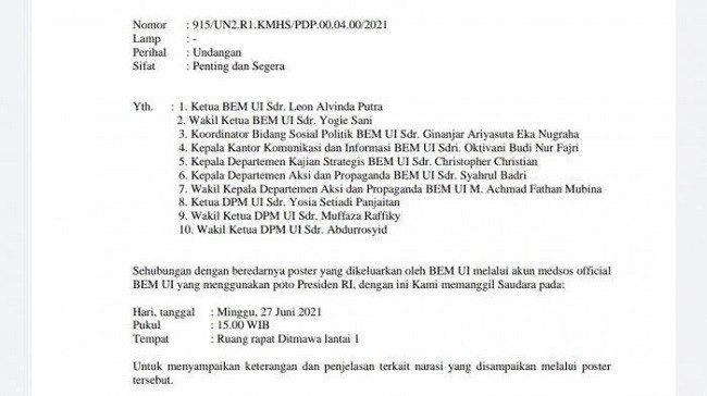 Ini Isi Surat Pemanggilan BEM UI yang Kritik Jokowi The King Of Lip Service