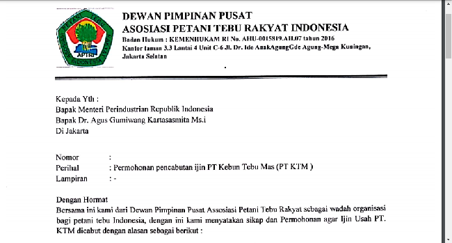 Surati Menperin, APTRI Desak Izin Usaha PT KTM Dicabut