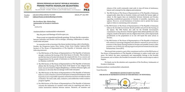 Protes Pembakaran Al-Qur'an dan Islamophobia, Fraksi PKS Kirim Surat ke Dubes Swedia