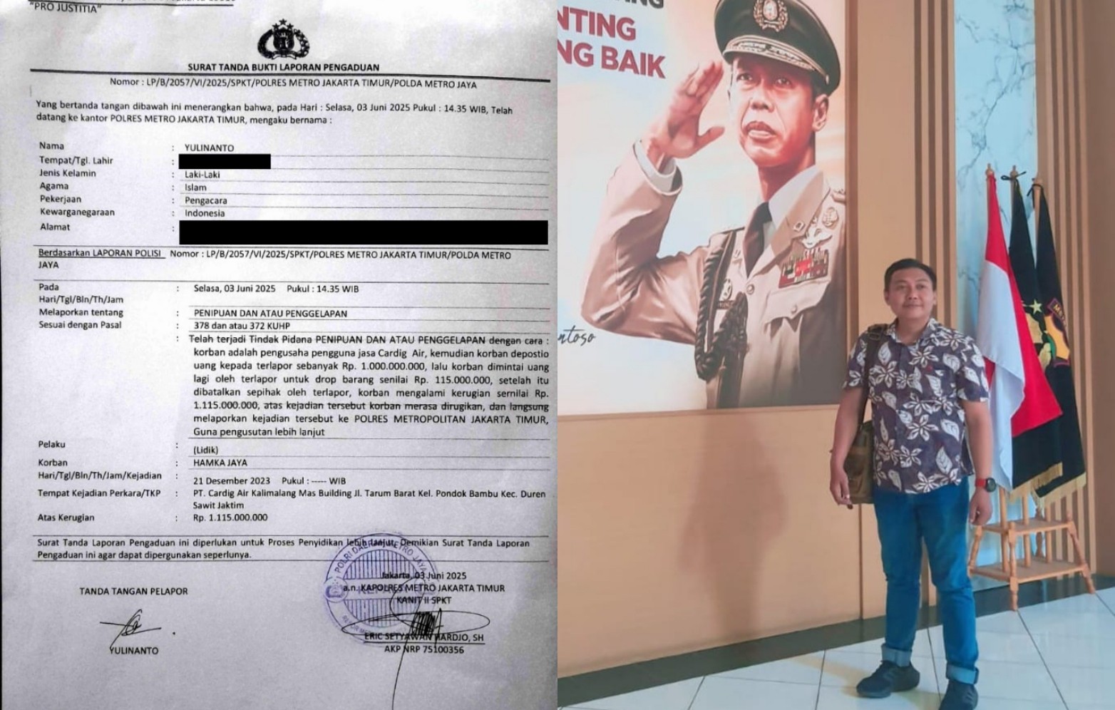 Direktur CA Resmi di Laporkan Kuasa Hukum Pengusaha Papua ke Polres Jaktim