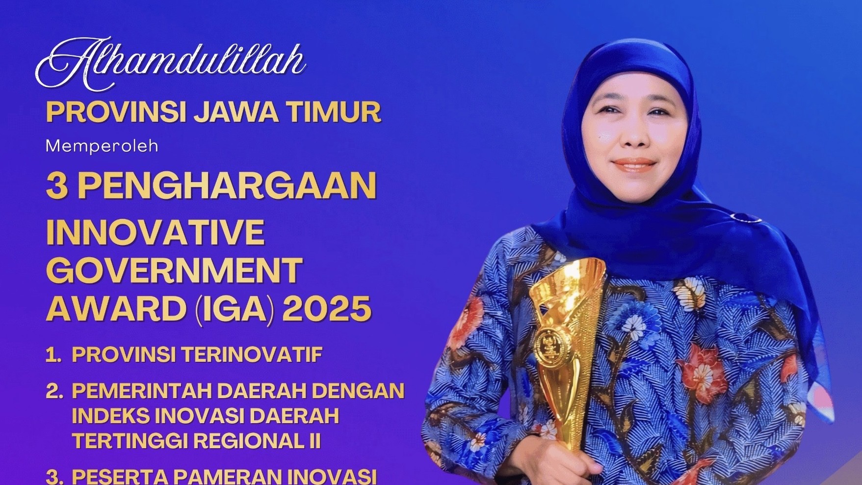 Jatim Raih 3 Penghargaan di IGA 2025, Gubernur Khofifah: Indeks Inovasi Daerah Tertinggi se-Pulau Jawa