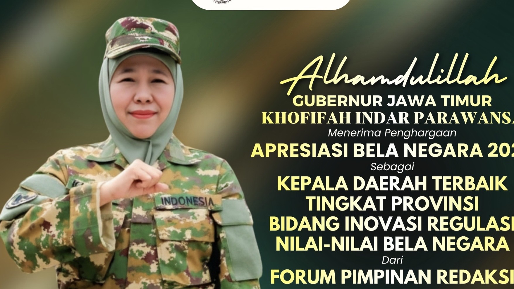 Gubernur Khofifah Raih Penghargaan Kepala Daerah Terbaik dari FPRMI, Bukti Komitmen Aksi Nyata Bela Negara