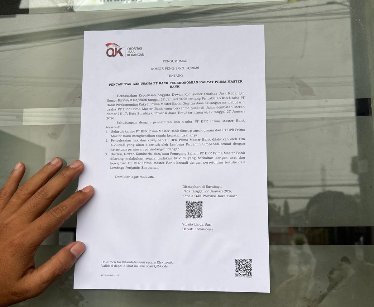 Gagal Menyehatkan Modal, OJK Resmi Cabut Izin Usaha BPR Prima Master Bank Surabaya