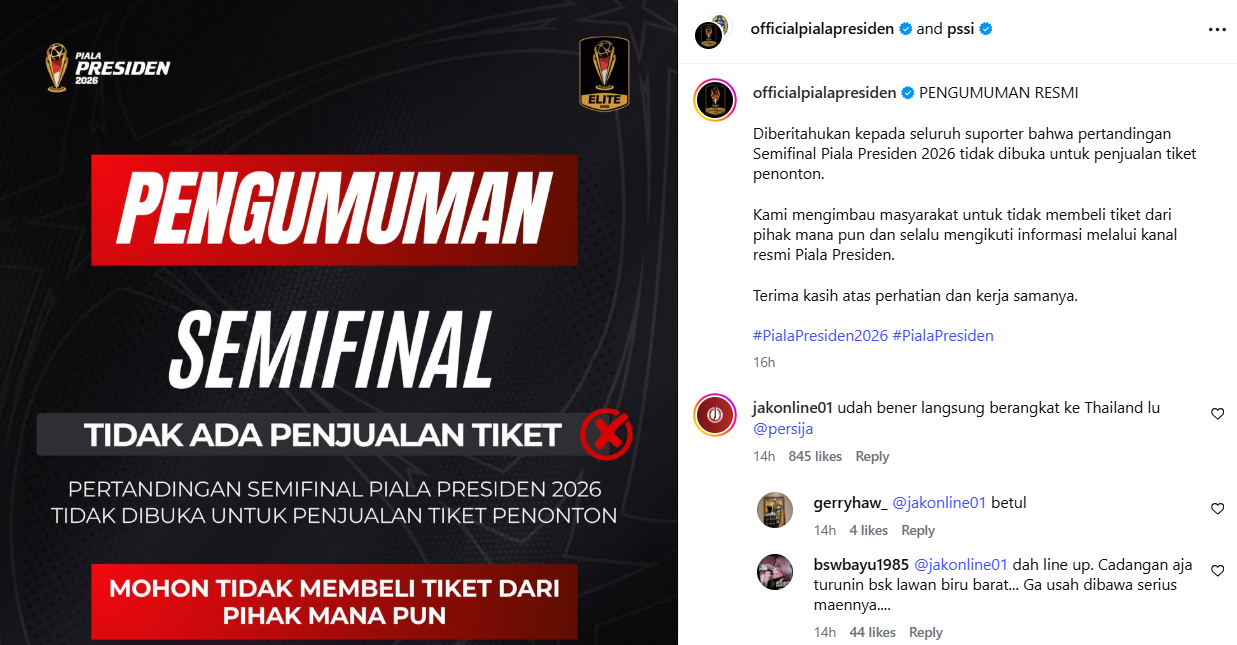 Persib vs Persija dan Persebaya vs Arema, Semifinal Piala Presiden 2026 Resmi Digelar Tanpa Penonton