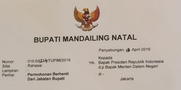 Diduga Gagal Menangkan Paslon 01, Bupati Mandailing Natal Mengundurkan Diri