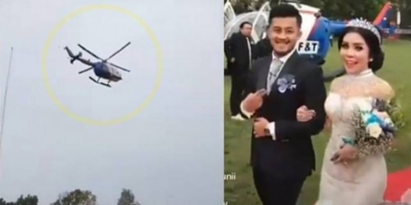 Viral Sepasang Pengantin Gunakan Heli Kapolda