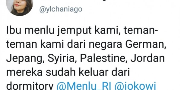 Pelajar Indonesia di Wuhan : Ibu Menlu Jemput Kami