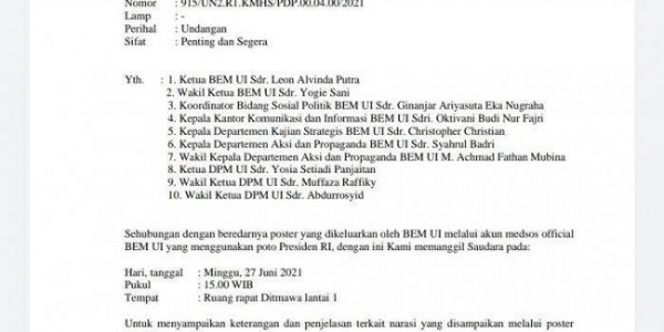 Ini Isi Surat Pemanggilan BEM UI yang Kritik Jokowi The King Of Lip Service