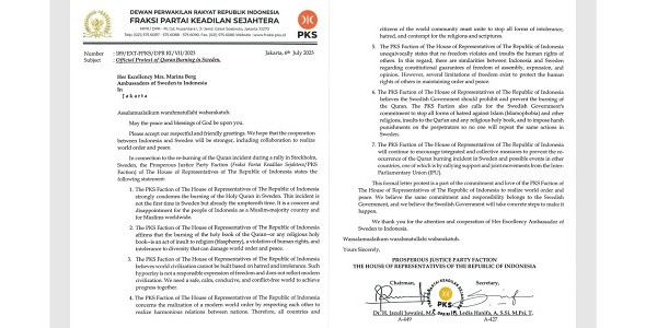 Protes Pembakaran Al-Qur'an dan Islamophobia, Fraksi PKS Kirim Surat ke Dubes Swedia